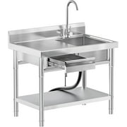 Stainless Steel Utility Sink Freestanding Single Bowl Laundry Sink with Workbench Drawers