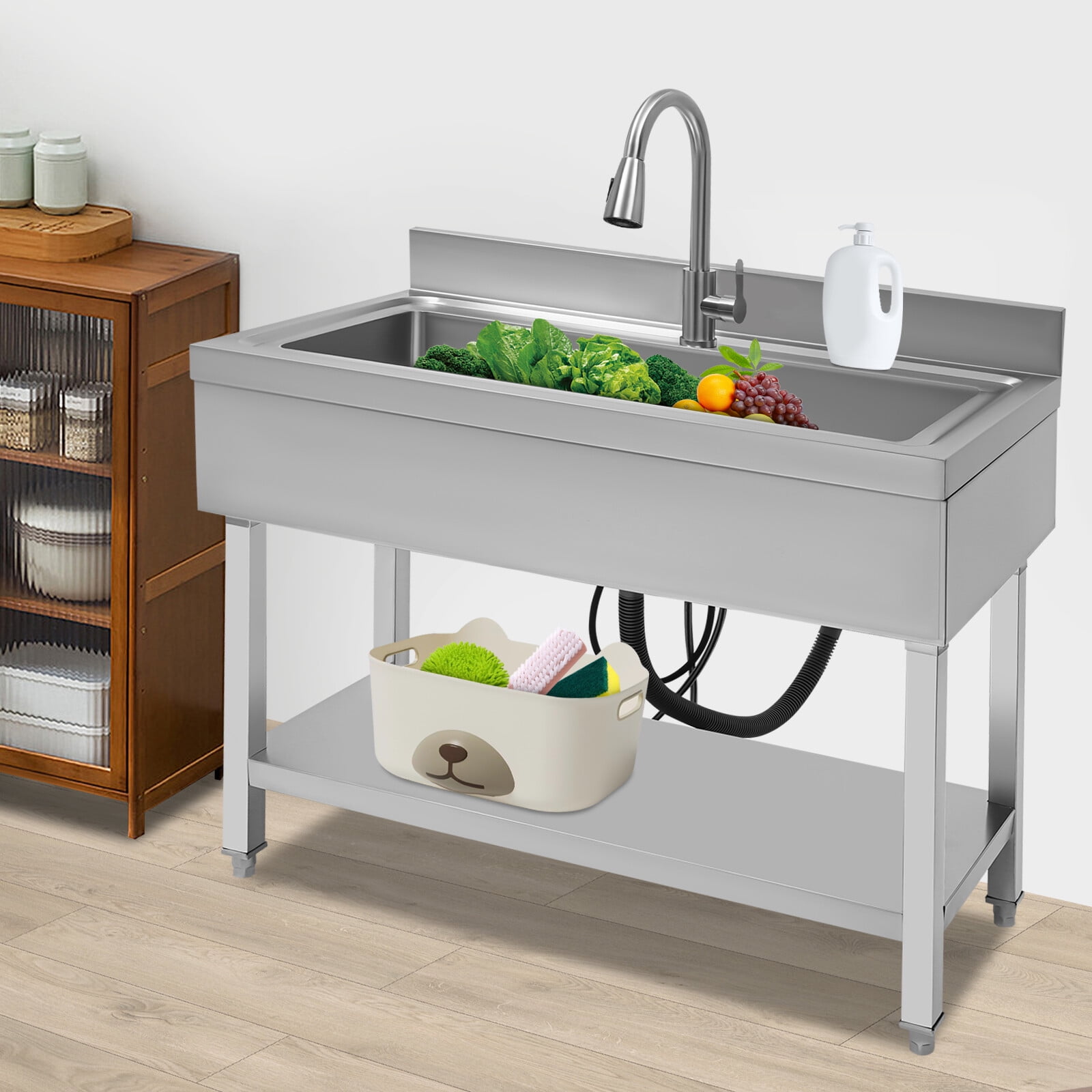 Stainless Steel Utility Sink, Freestanding Single Bowl Utility Sink with Storage Rack, Faucet, Commercial Bowl Kitchen Sinks for Kitchen Laundry Room Farmhouse Indoor and Outdoor