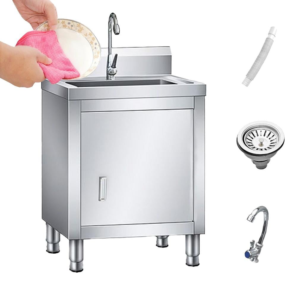 Stainless Steel Utility Sink,Freestanding Sink with Cold and Hot Water Faucet,Hoses and Drain Kit Commercial Kitchen Single Bowl,Laundry Sink for Kitchens, Garage, Bathrooms, Laundry Room Sink