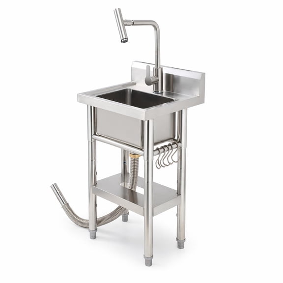 Stainless Steel Utility Sink, Laundry Tub with Hot and Cold Water, Commercial Restaurant Sinks, Adjustable Legs, Storage Shelf, Hooks and Backsplash, for Kitchen Garage Farm Outdoor Use
