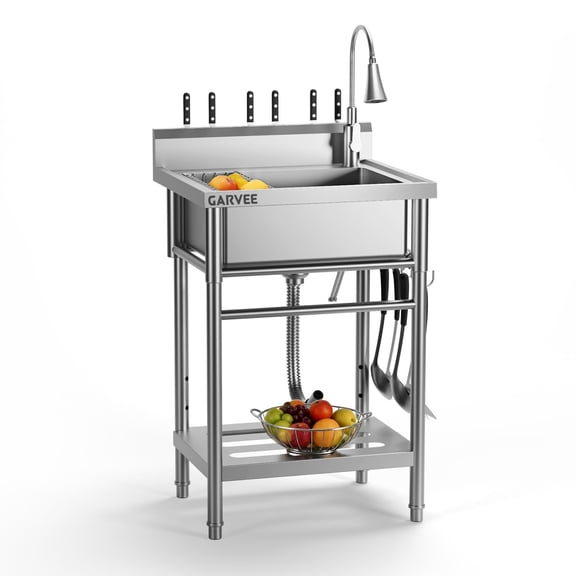 Stainless Steel Utility Sink, Laundry Tub with Hot and Cold Water, Commercial Restaurant Sinks, Adjustable Legs, Storage Shelf, Hooks and Backsplash, for Kitchen Garage Farm Outdoor Use
