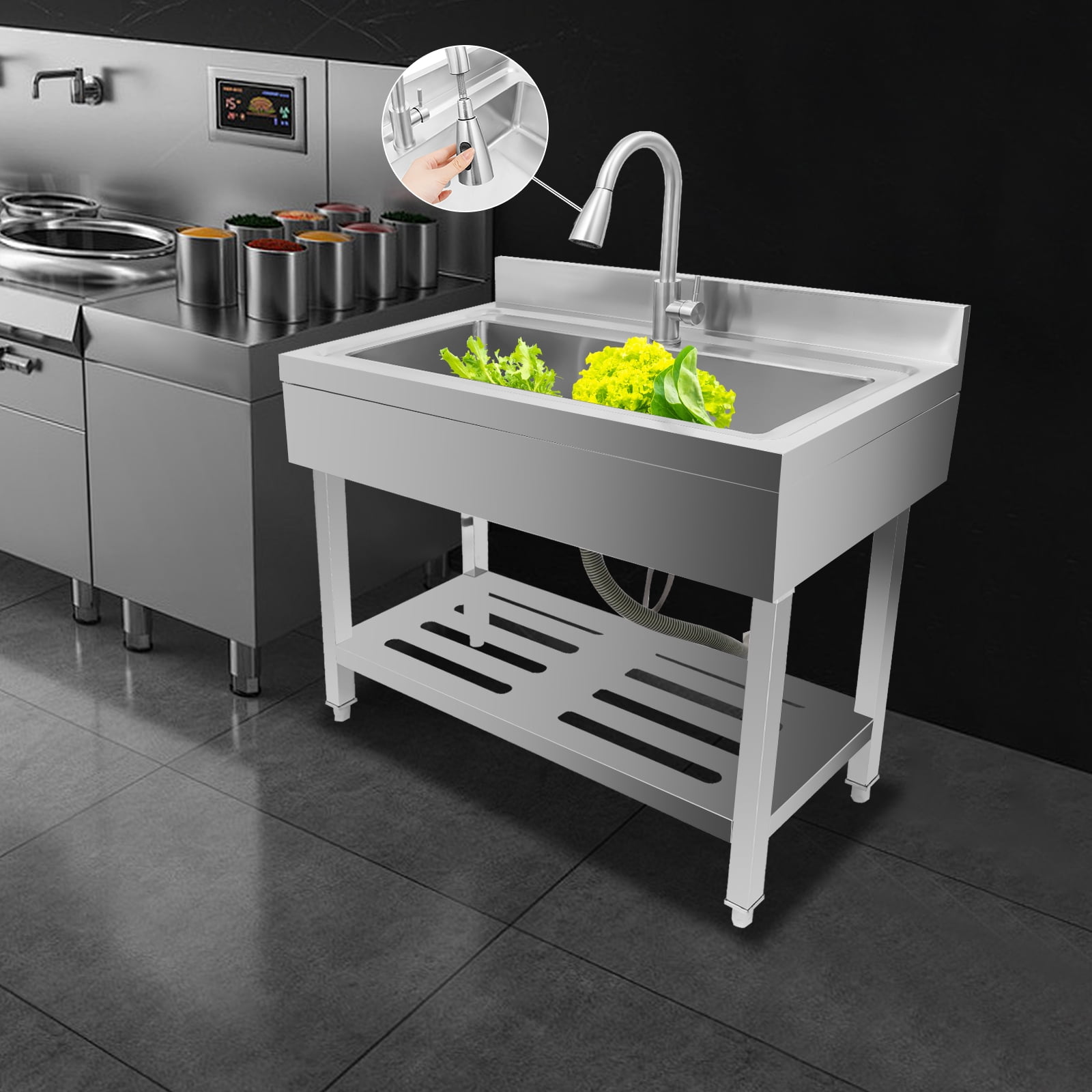 Stainless Steel Utility Sink,Multi-functional ​​Kitchen Sink with Cold and Hot Water Pipe and Faucet, Durable Composite Material,for Laundry Room Kitchen