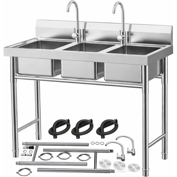 Stainless Steel Utility Sink, Portable 3 Compartment Sinks with 2 Faucets and Pipes, Free Standing Kitchen Sinks for Laundry Rooms, Garages, Kitchen