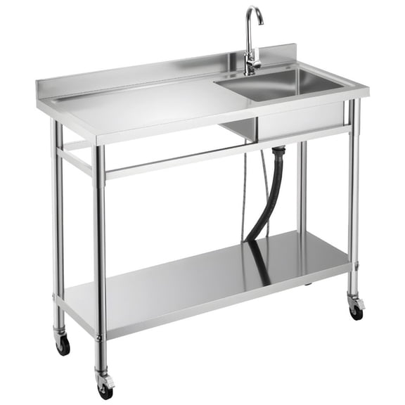 Stainless Steel Utility Sink, Rolling Single Bowl Commercial Kitchen Sink with Wheels, Faucet and Hot & Cold Water Pipe, Utility Basin Workbench for Restaurant Laundry 47.2 x 19.7 x 41.5 in