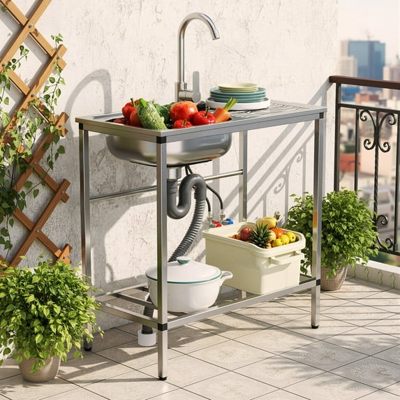 Stainless Steel Utility Sink Set, Freestanding Single Bowl Kitchen Sink, Outdoor Sink Station with Hose Hook Up, Hot & Cold Faucet, Storage Shelves for Garage, Restaurant, Kitchen,
