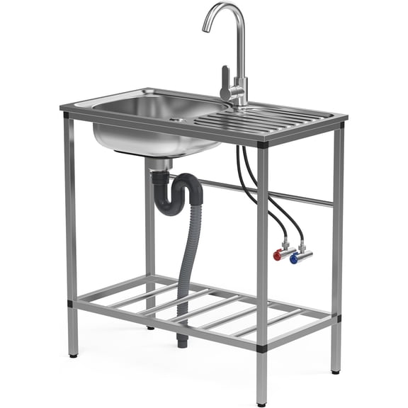 Stainless Steel Utility Sink Set, Freestanding Single Bowl Kitchen Sink, Outdoor Sink Station with Hose Hook Up, Storage Shelves for Garage, Restaurant, Kitchen, Laundry Room
