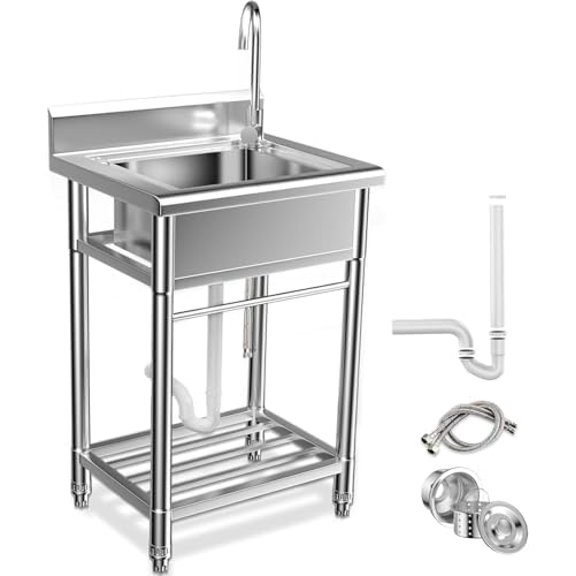 Stainless Steel Utility Sink - Single Bowl Free Standing Kitchen Sink NSF Certificated with Cold and Hot Water for Farmhouse, Bathroom, Bar, Laundry Room (23 Inch)$$Tools & Hardware Other
