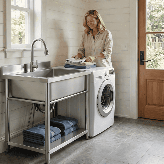 Stainless Steel Utility Sink Single Bowl,Freestanding Laundry Sink with Pull-Out Faucet,Utility Sink for Laundry Room,Garage,Kitchen,Outdoor/Indoor Use
