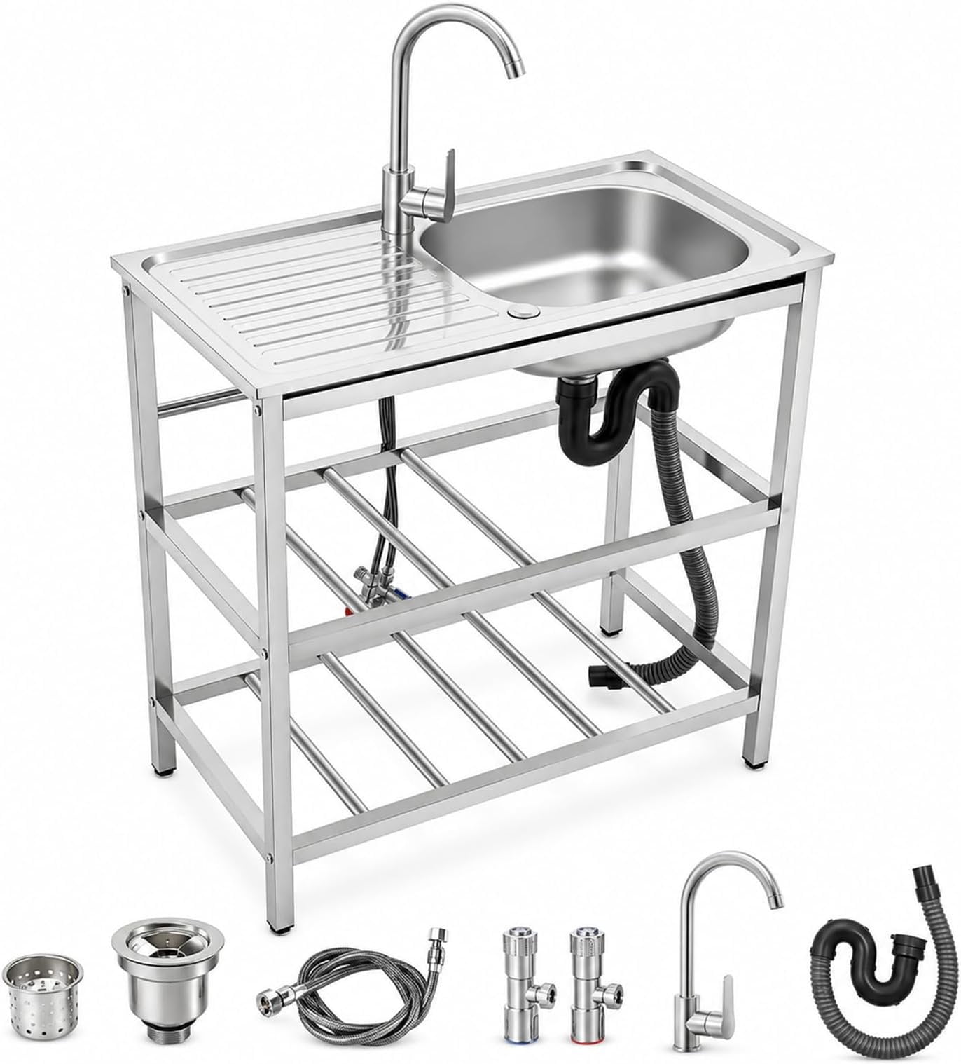 Stainless Steel Utility Sink, Single Bowl Portable Sink Hand Wash ...