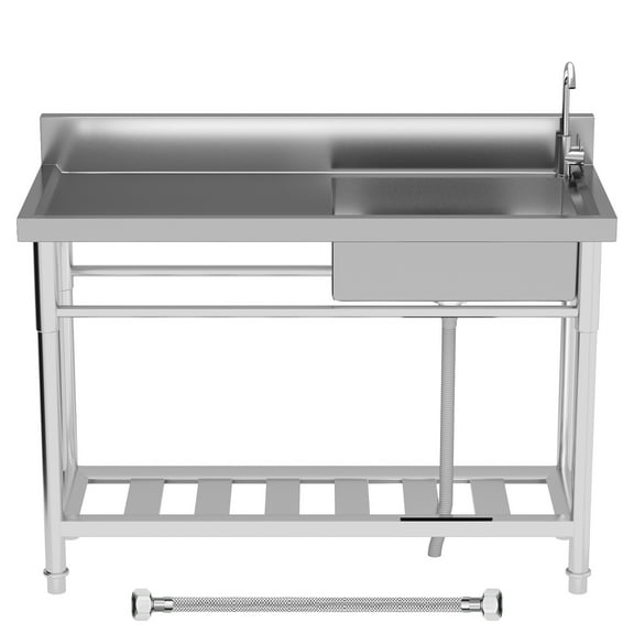 Stainless Steel Utility Sink with Workbench, 47.3 inch Free Standing Single Bowl Kitchen Sink with Cold Water Pipe, Outdoor Indoor for Backyard Garage Commercial (Single Bowl)