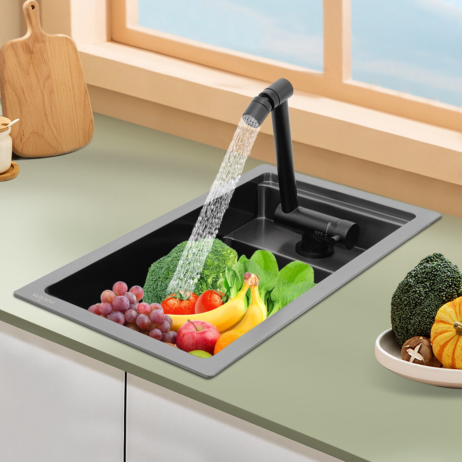 Stainless Steel Utility Sink Workstation Square Single Bowl Kitchen Bar Sink with Lid Faucet
