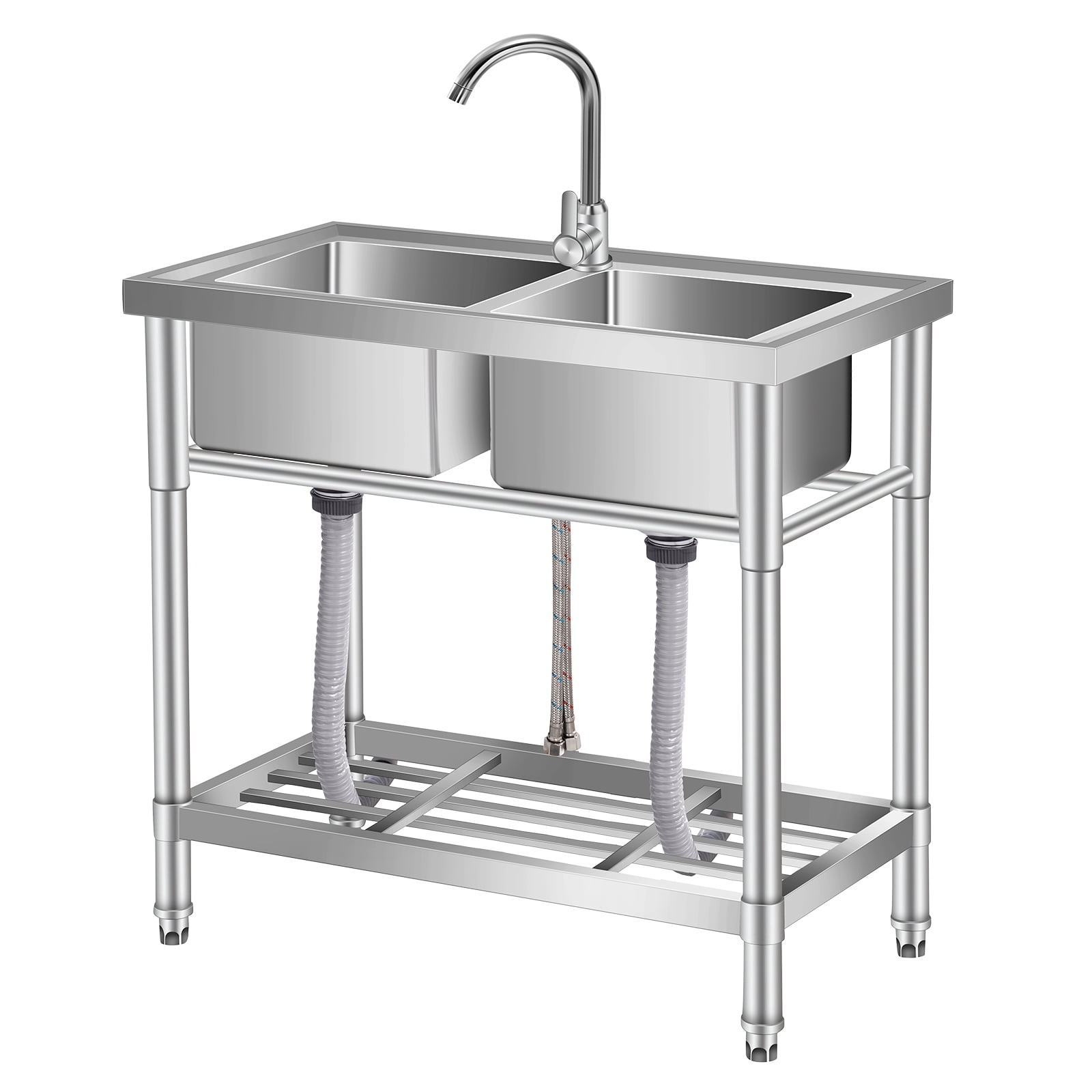 Stainless Steel Utility Sink, with Faucet, Legs, Cold and Hot Water Pipe, Heavy-Duty, Easy to Clean, for Laundry, Kitchen, Garage, Outdoor, Garden