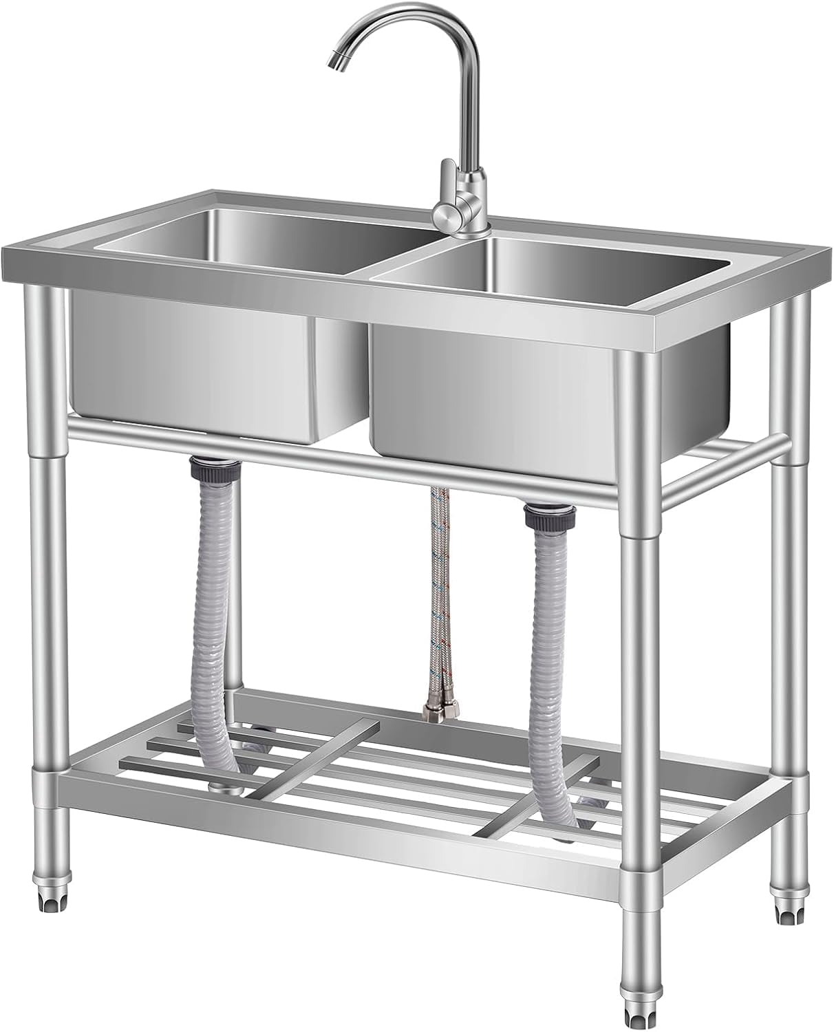 Stainless Steel Utility Sink, with Faucet, Legs, Cold and Hot Water Pipe, Heavy-Duty, Easy to Clean, for Laundry, Kitchen, Garage, Outdoor, Garden