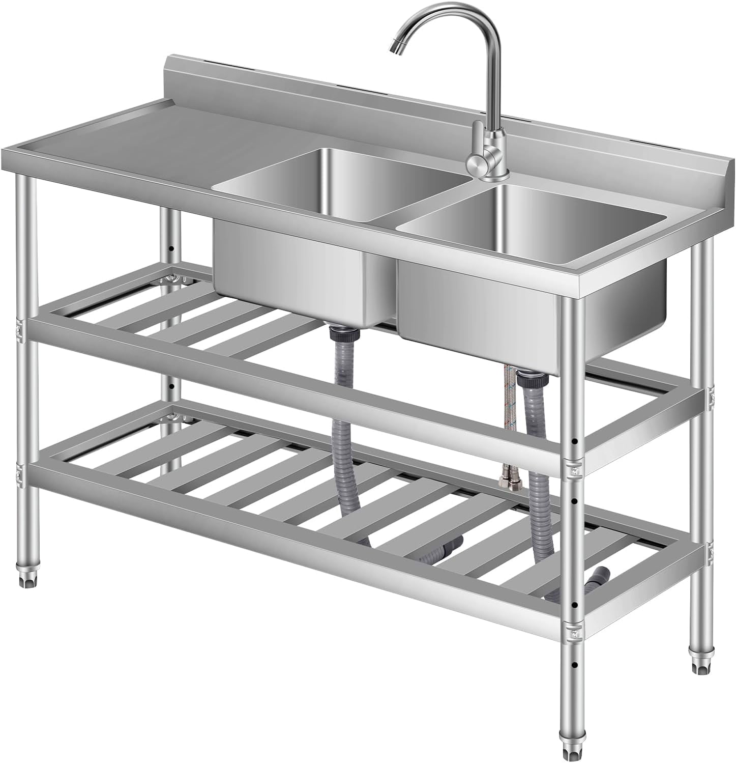 Stainless Steel Utility Sink, with Faucet, Legs, Cold and Hot Water Pipe, Heavy-Duty, Easy to Clean, for Laundry, Kitchen, Garage, Outdoor, Garden