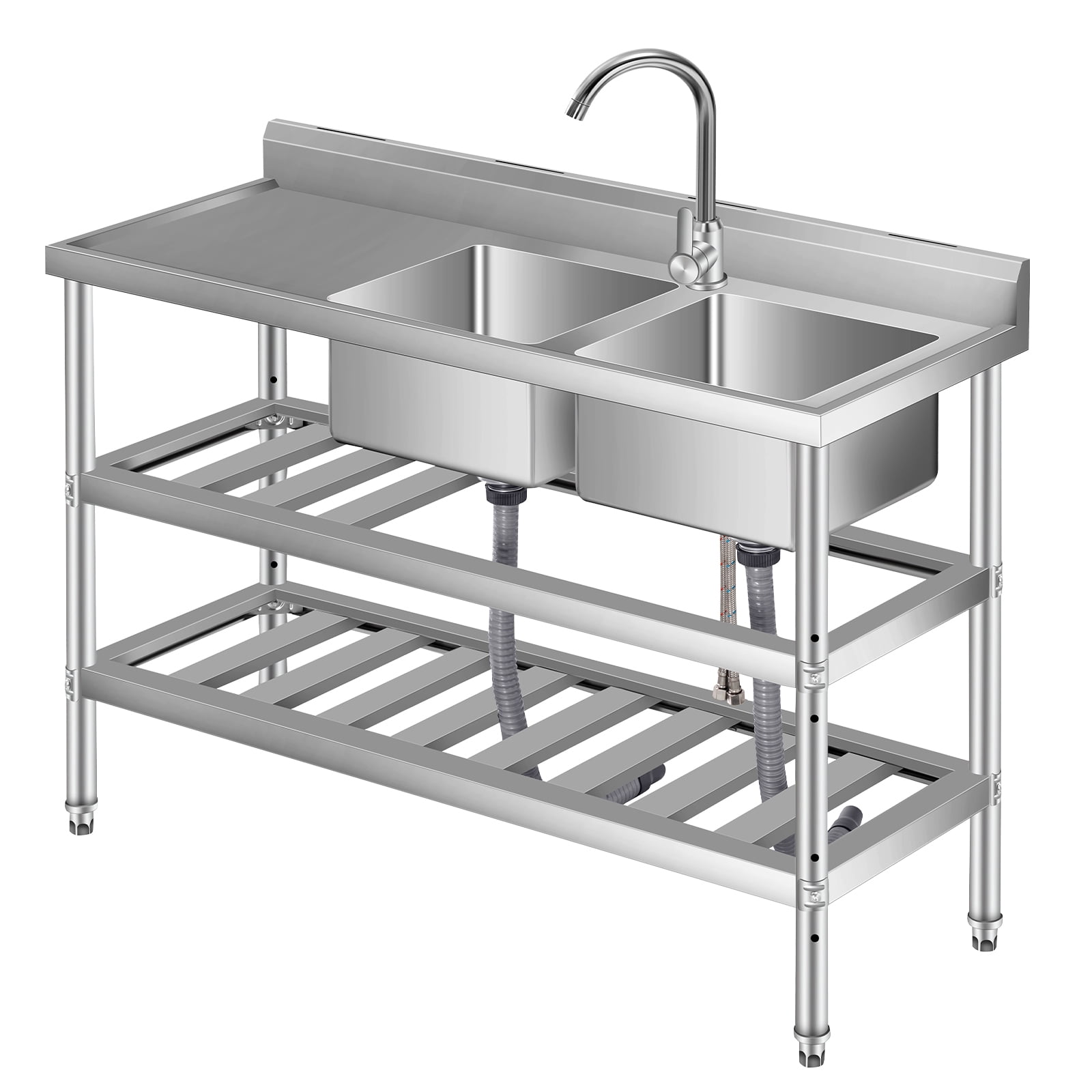 Stainless Steel Utility Sink, with Faucet, Legs, Cold and Hot Water Pipe, Heavy-Duty, Easy to Clean, for Laundry, Kitchen, Garage, Outdoor, Garden