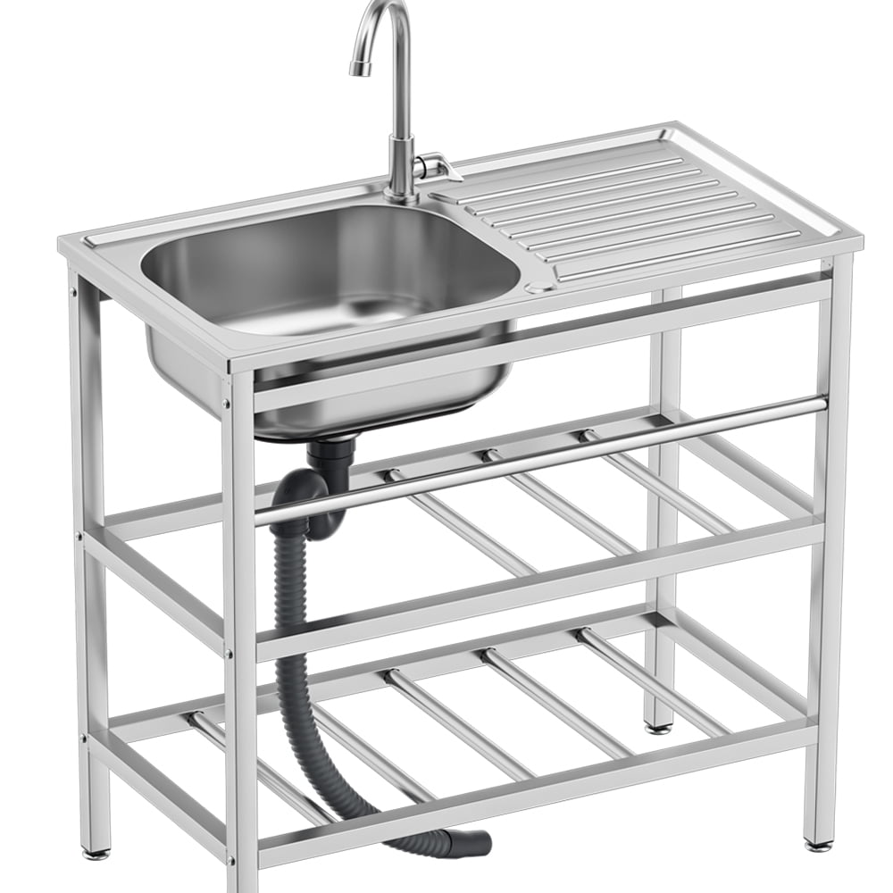 30x16x30 Inch Outdoor Stainless Freestanding Kitchen Utility Sink with Single Bowl and Storage Rack for Laundry Vanity Sink with Hot and Cold Water Pipe