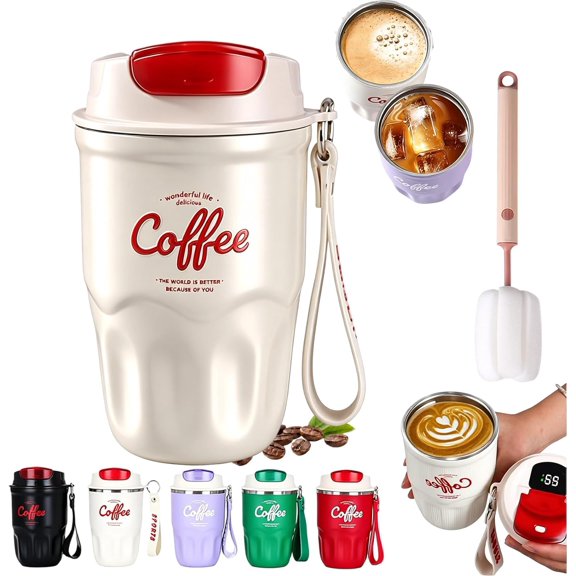 Stainless Steel Vacuum Coffee Flask, Portable Insulated Travel Coffee Mug With Lid & Handle, Regular & Smart Version, Keeps Hot Cold Drinks For Home Office Outdoor Travel (White-Normal)