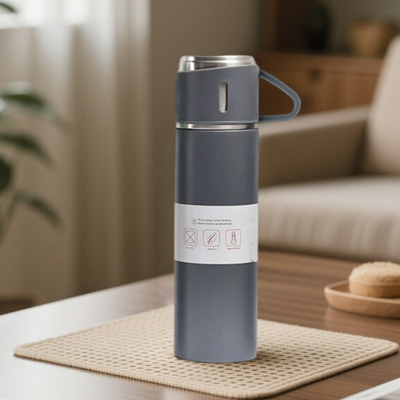 Stainless Steel Vacuum Flask Gift Set,Insulated Water Bottle With 3 Cup Lid,Hot & Cold Drinks CoffeeWater Bottle,Leakproof Lid 500ml with Mugs,Reusable Thermal Cup for Outdoor Camping Travel