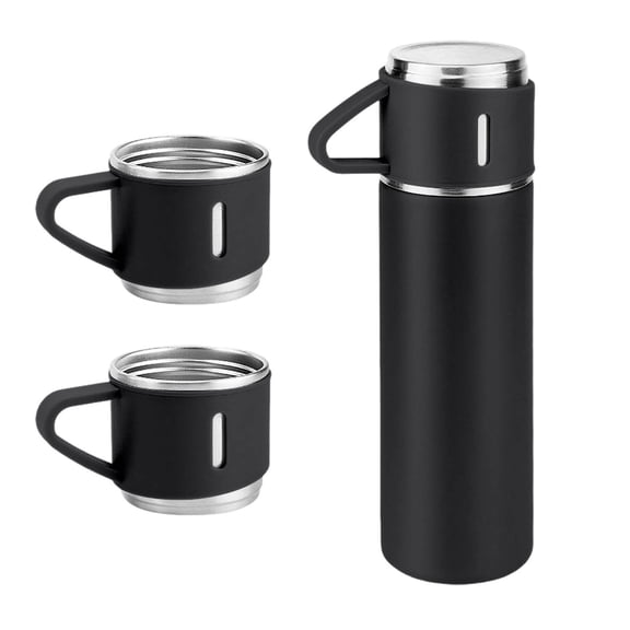 Stainless Steel Vacuum Insulated Bottle Set 500ml 16.9oz, Double Wall Hot and Cold Water Flask with 2 Cups, Leakproof Travel Coffee Thermo Gift Set Black, Drinkware