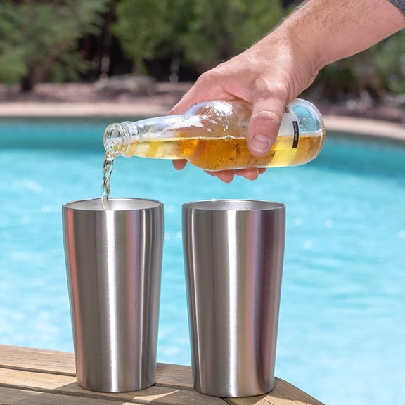 Stainless Steel Vacuum Insulated Pint Glasses - Set of 4 Pint Cups for Outdoors 16oz with Lids