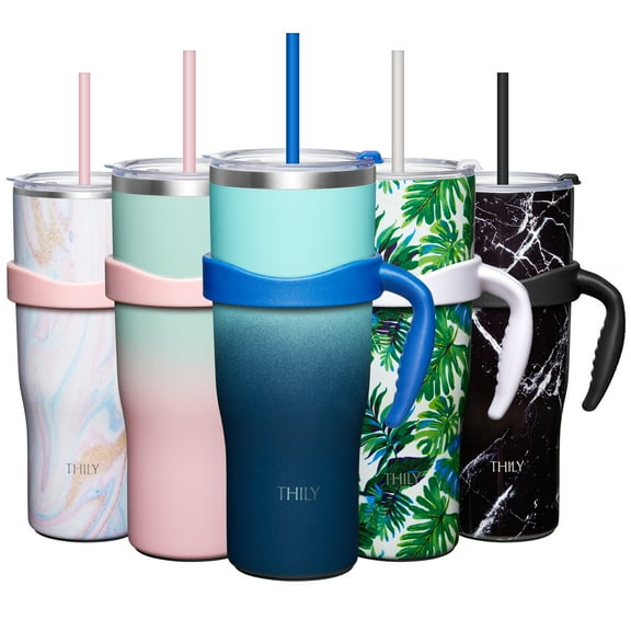 Stainless Steel Vacuum Insulated Tumbler - THILY 40 oz Coffee Travel Mug with Handle and Lids, Reusable, Sweat Proof, Keep Drinks Cold for 34 Hours or Hot for 12 Hours, Navy & Green