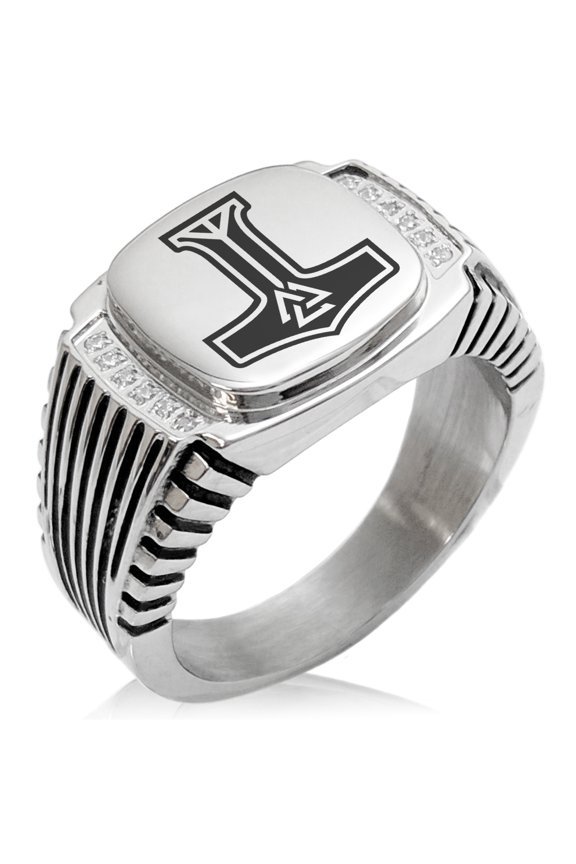 Stainless Steel Valknut Mjolnir Thor's Hammer CZ Ribbed Needle Stripe Pattern Biker Style Polished Ring