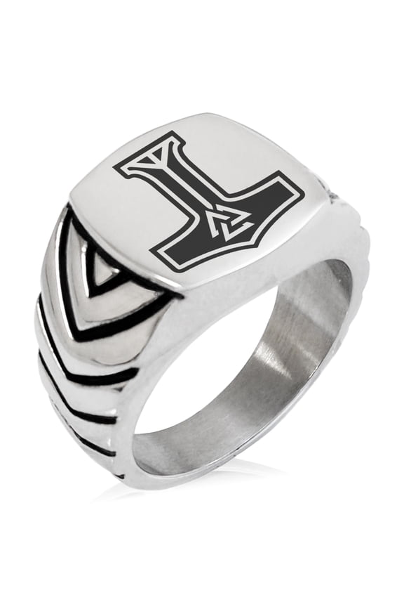 Stainless Steel Valknut Mjolnir Thor's Hammer Chevron Pattern Biker Style Polished Ring