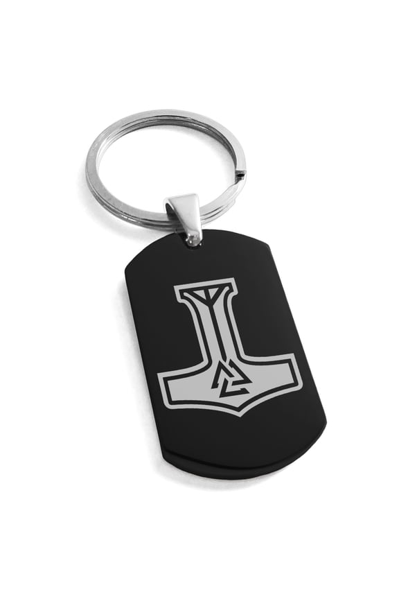 Stainless Steel Valknut Mjolnir Thor's Hammer Engraved Dog Tag Keychain Keyring