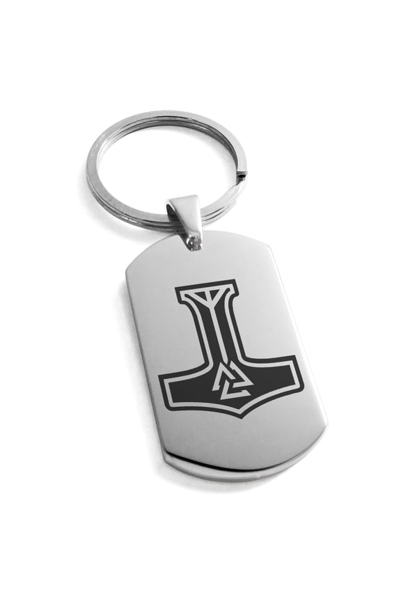 Stainless Steel Valknut Mjolnir Thor's Hammer Engraved Dog Tag Keychain Keyring