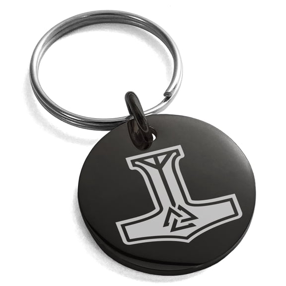 Stainless Steel Valknut Mjolnir Thor's Hammer Engraved Small Medallion Circle Charm Keychain Keyring
