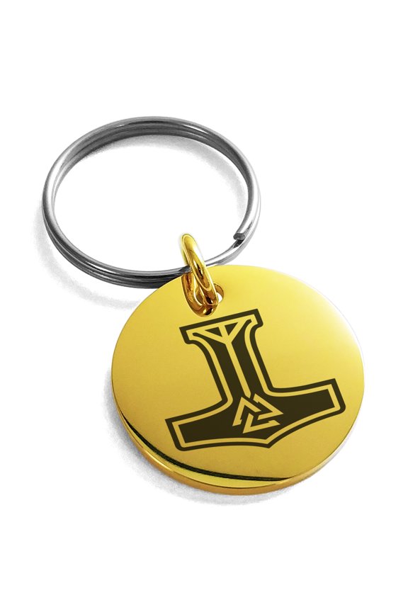Stainless Steel Valknut Mjolnir Thor's Hammer Engraved Small Medallion Circle Charm Keychain Keyring