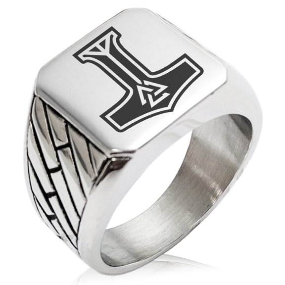 Tioneer Stainless Steel Valknut Mjolnir Thor's Hammer Geometric Pattern Biker Style Polished Ring