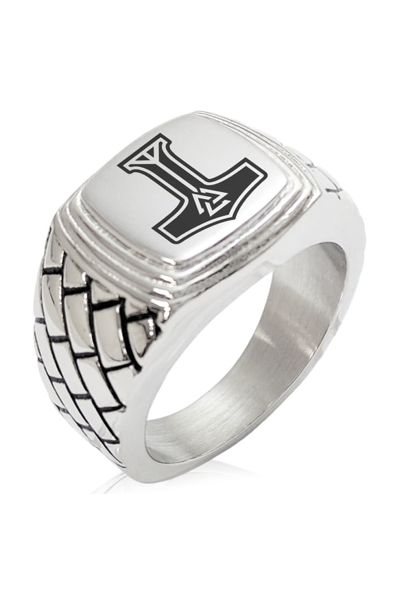 Stainless Steel Valknut Mjolnir Thor's Hammer Geometric Pattern Step-Down Biker Style Polished Ring