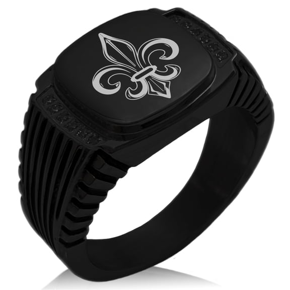 Tioneer Stainless Steel Valorous Fleur De Lis CZ Ribbed Needle Stripe Pattern Biker Style Polished Ring