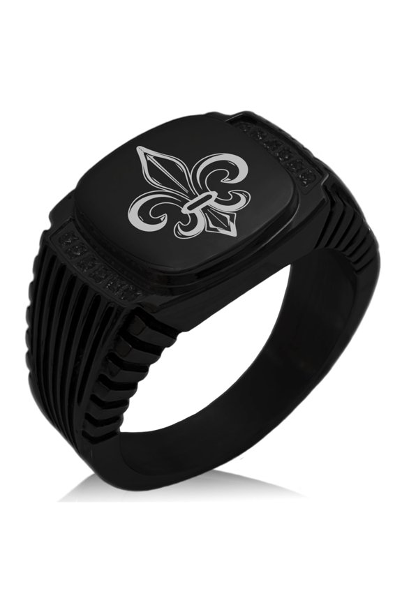 Stainless Steel Valorous Fleur De Lis CZ Ribbed Needle Stripe Pattern Biker Style Polished Ring