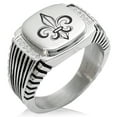 thumbnail image 1 of Tioneer Stainless Steel Valorous Fleur De Lis CZ Ribbed Needle Stripe Pattern Biker Style Polished Ring, 1 of 1