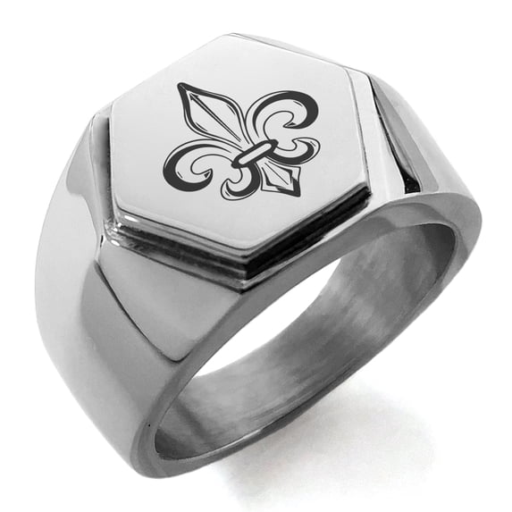 Tioneer Stainless Steel Valorous Fleur De Lis Engraved Hexagon Crest Flat Top Biker Style Polished Ring