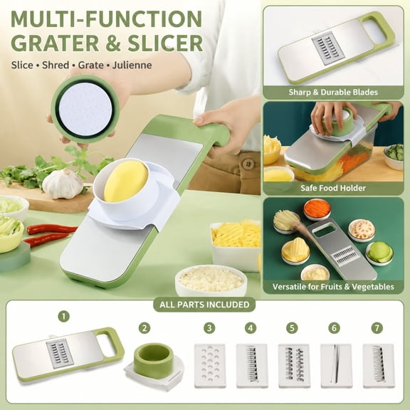 Stainless Steel Vegetable Prep Tool, Vegetable Shredder, Hand Grater, Vegetable Slicer, 11X4 in Multi-Functional Kitchen Cutboard Set with 6 Interchangeable Blades, 1 Onion Holder