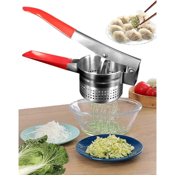 Stainless Steel Vegetable Squeezer, Upgrade Red Silicone Handle Metal Vegetable Water Squeezer for Squeezing Veggie Liquid