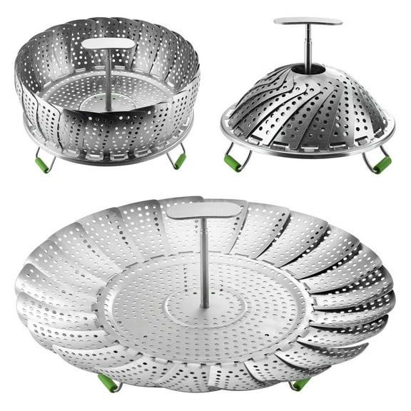 Stainless Steel Vegetable Steamer Basket with Extendable Handle - Expandable Collapsible Foldable Cooking Insert Fit Instant Pot 3 6 8 Qt Pressure Cooker for Steam Food 7-11 Inch Adjustable