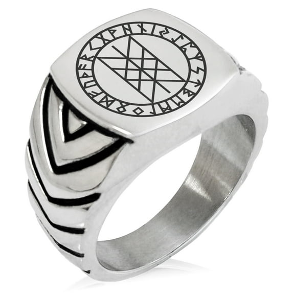 Stainless Steel Vegvisir Web of Wyrd Skuld’s Net Viking Chevron Pattern Biker Style Polished Ring