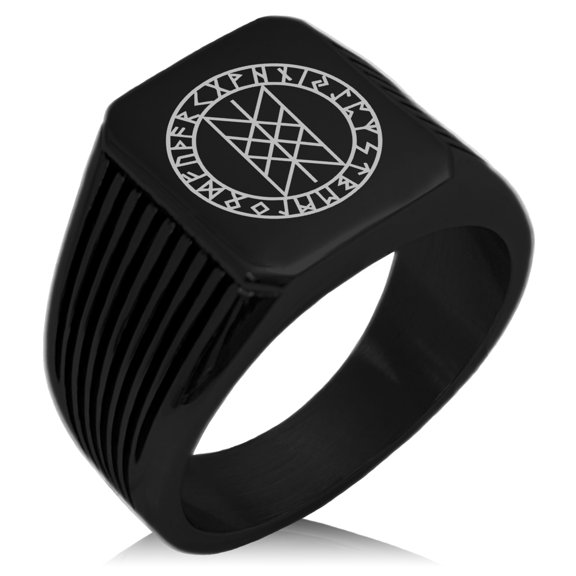 Stainless Steel Vegvisir Web of Wyrd Skuld’s Net Viking Needle Stripe Pattern Biker Style Polished Ring