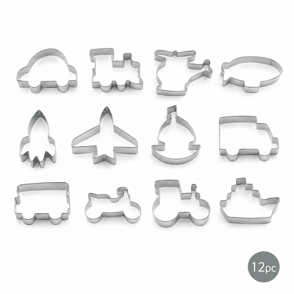 Stainless Steel Vehicle & Transport Cookie Cutter Set of 12, Airplane Car Truck Shape Baking Mold Set for Cookies, Biscuit & Fondant Decorating, Smooth Edge Baking Tools for Kitchen Use