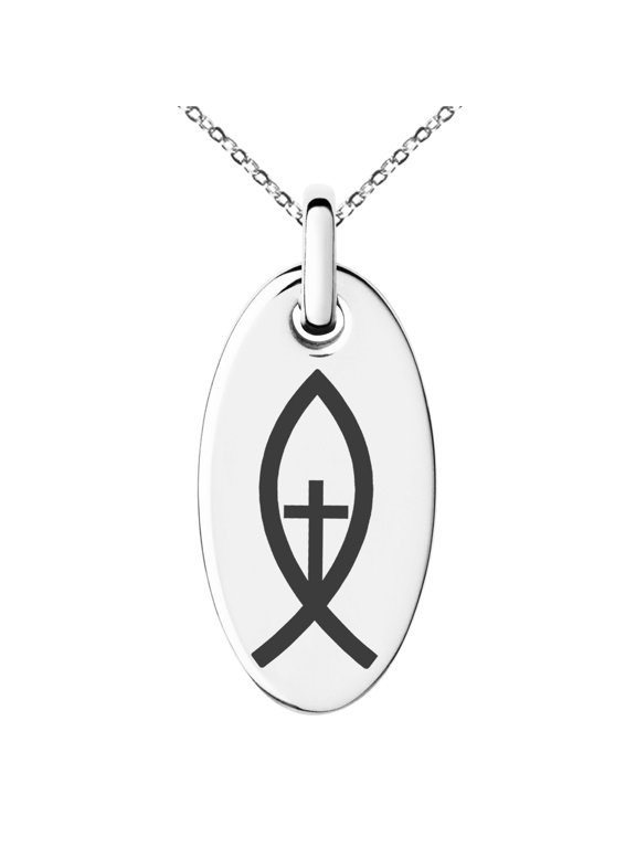 Stainless Steel Vertical Ichthus Cross Fish Symbol Engraved Small Oval Charm Pendant Necklace