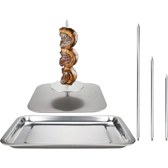 Stainless Steel Vertical Skewer for Barbecue Grill, For Tacos Al Pastor, Shawarma, Brazilian Churrasco, Removable Grilling Rack Meat Spit (With Bakeware)