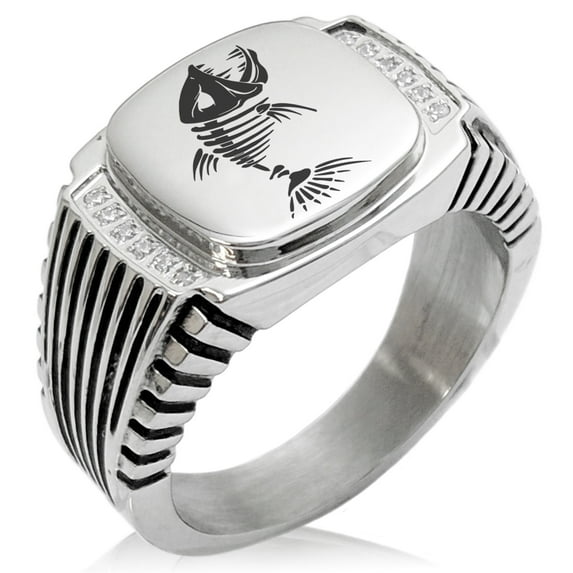 Tioneer Stainless Steel Vicious Hellfish CZ Ribbed Needle Stripe Pattern Biker Style Polished Ring