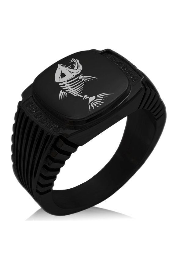 Stainless Steel Vicious Hellfish CZ Ribbed Needle Stripe Pattern Biker Style Polished Ring