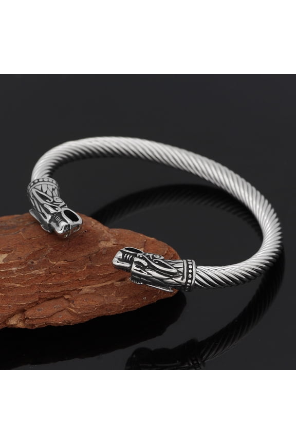 Stainless Steel Viking Bangle Fenris Wolf - Silver, Stainless Steel, Without Stone