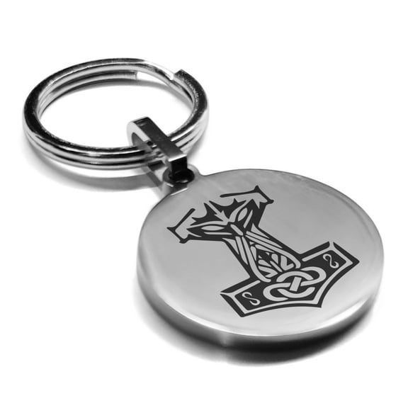 Stainless Steel Viking Mjolnir (Thor’s Hammer) Round Medallion Keychain Circle Ring