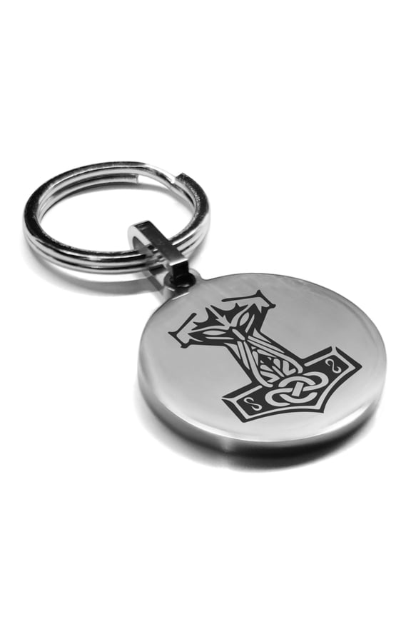 Stainless Steel Viking Mjolnir (Thor’s Hammer) Round Medallion Keychain Circle Ring